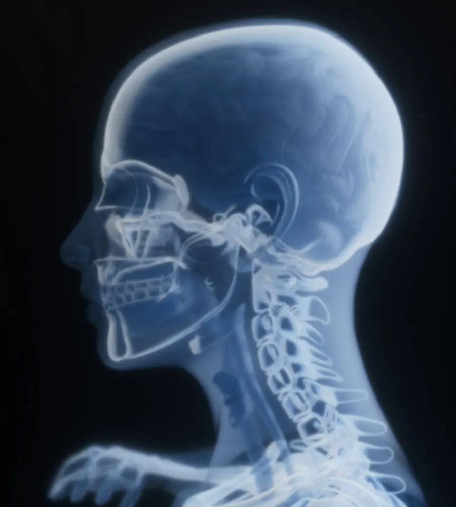 Side view X-ray style illustration of the human head, jaws and neck