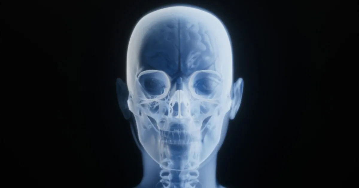 Front view X-ray style illustration of a human head and skull