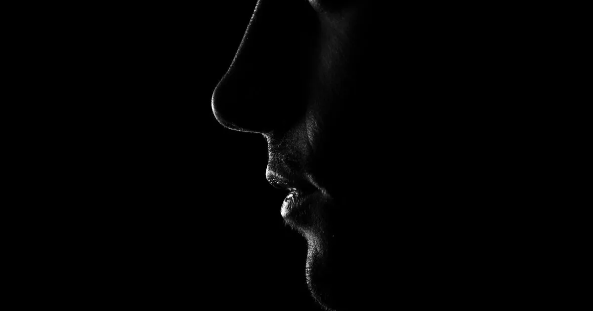 Low-key profile of a man's face showing the nose, lips, chin and jawline