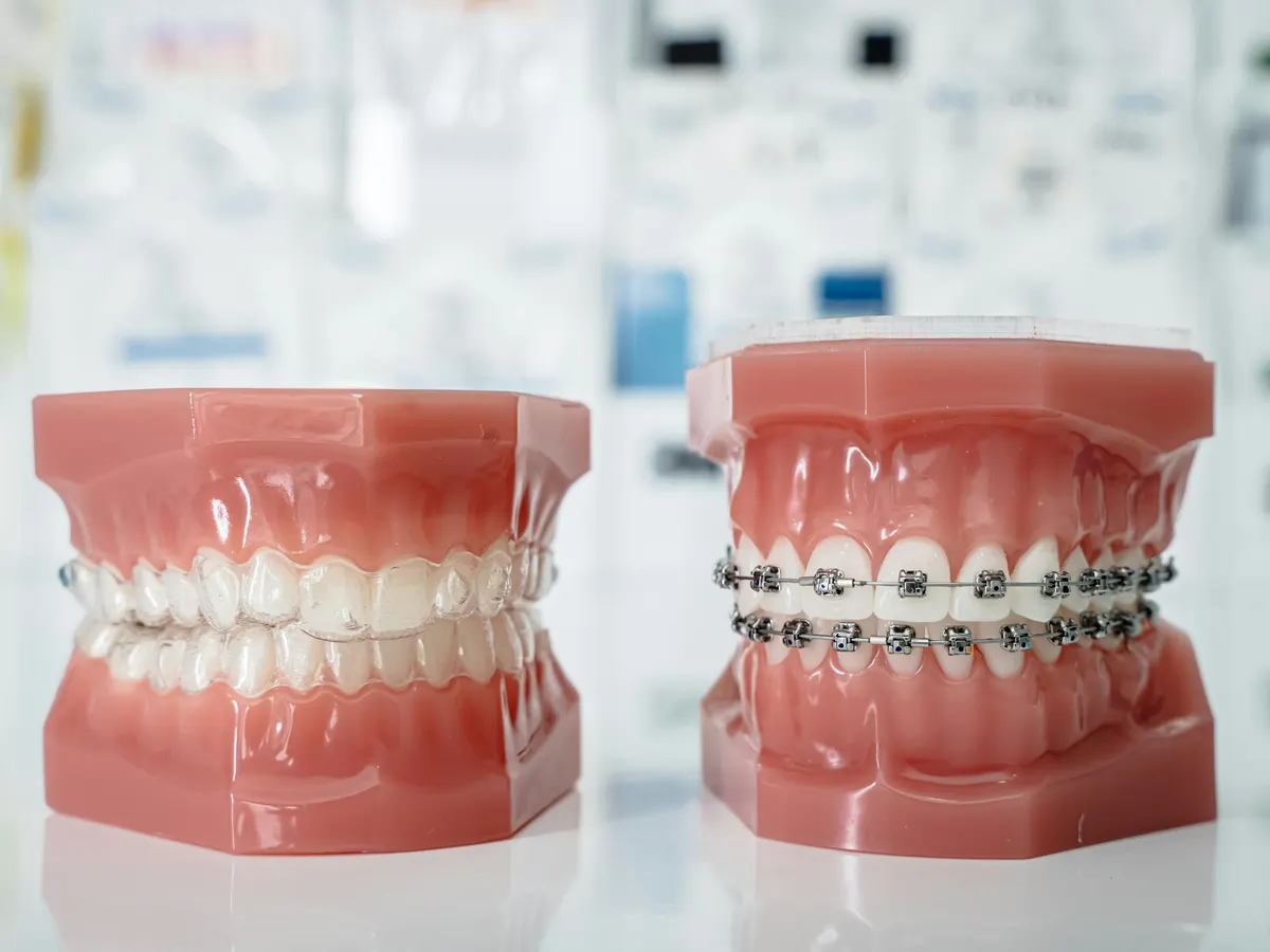 Two dental models: one bite without braces and one with orthodontic braces